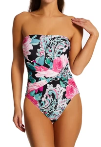 Carmen Marc Valvo BLACK Printed Knot-Front Bandeau One-Piece Swimsuit, US 4 - Picture 1 of 4