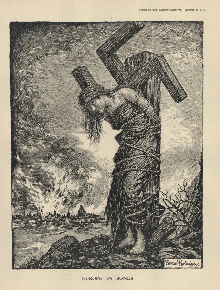 Rare WW2 BRITISH PROPAGANDA CARTOON Europe in Bonds SWASTIKA CRUCIFIXION Fascism - Image 1 of 1