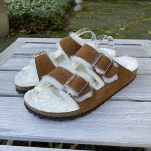 Birkenstock Suede Arizona Shearling Mink Brown Fur Lined Slide Sandals Sz 41 10 - Picture 1 of 12