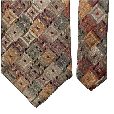 Gravata masculina Geoffrey Beene jacquard seda marrom bronzeado verde geométrico 4x59” #43170 em excelente estado usado - Imagem 1 de 4