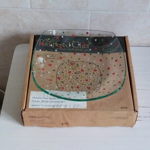 Pampered Chef Holiday Dots Square Bowl #3010 Glass Serving Bowl 24.5cm - Picture 1 of 24