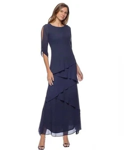 Nuevo Vestido Marina Formal Noche Azul Marino En Niveles Gasa Mangas Divididas Talla 4 - Imagen 1 de 8