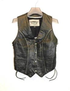 Unik S Woman Black Leather Motorcycle Vest Silver Studded Snap Front Lightweight - Picture 1 of 12