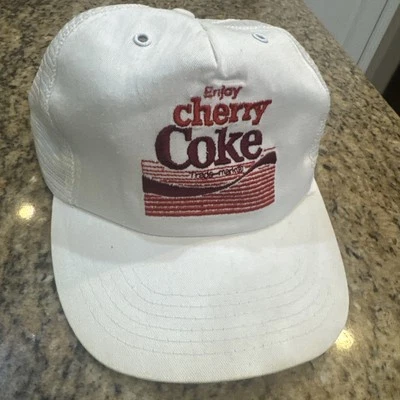 Vintage Enjoy Cherry Coke Hat Coca Cola Snapback Trucker Cap Mesh White - Image 1 of 4