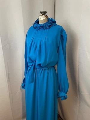 Ruffle Dress Cobalt Blue Maxi 1960s Vintage Mod Twee Circus S M - Image 1 of 4