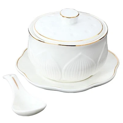  Ceramic Stewing Pot Deep Soup Bowls with Handles Lid Spoon Spoons - Bild 1 von 4