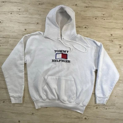 Moletom com capuz masculino vintage anos 90 Tommy Hilfiger M/L branco bordado logotipo bandeira FALHAS leitura - Imagem 1 de 4