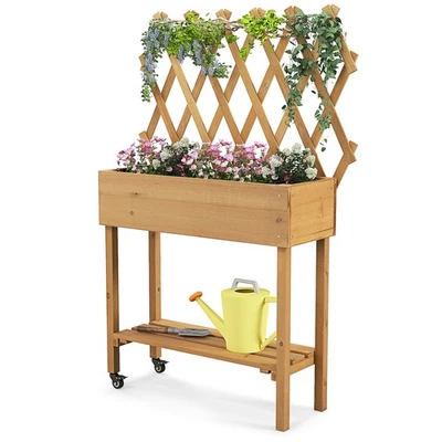 Cama de jardín elevada de madera con estante de almacenamiento enrejado ruedas revestimiento orificios de drenaje Foto 1 de 4