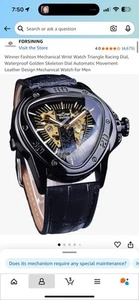 Winner Automatic Mechanical Leather Men Sport Watch Black New Triangle Skeleton - Picture 1 of 6