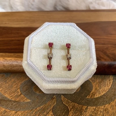 10K Yellow Gold Triple Ruby & Diamond Gemstone Vertical Bar Stud Earrings - Image 1 of 4