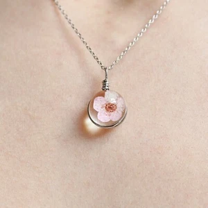 Sterling Silver Pressed Real Flower Glass Ball Silver Necklace Pendant Terrarium - Picture 1 of 12