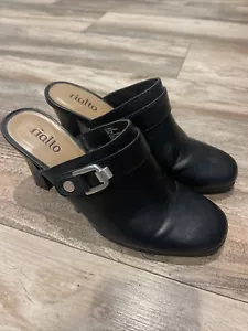 Rialto Comfort Black Slip On Mules Shoes Buckle Women’s  Size 7.5 Block Heel - Picture 1 of 6