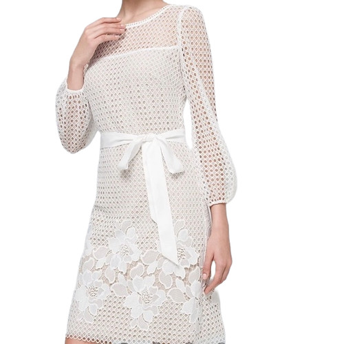 OFF WHITE Abito donna WHBM $200 Guipure pizzo chemise taglia 6 foderato ecrù cravatta cintura vacanza
