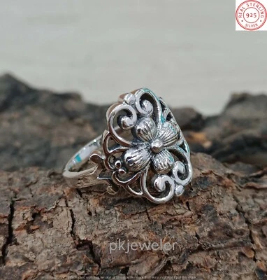Solid 925 Sterling Silver Flower Design Handmade Ring Jewelry Size 8 R-450 - Image 1 of 4