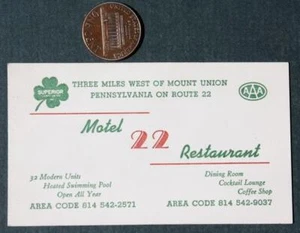 1960-70er Mount Union Pennsylvania Motel Route 22 Restaurant Visitenkarte COOL-- - Bild 1 von 1