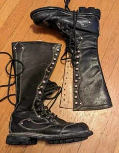JOHN FLUEVOG ANGELS LUCKY STUD KNEE HIGH BOOTS W7 7.5 BLACK LEATHER COMBAT WORK - Picture 1 of 8