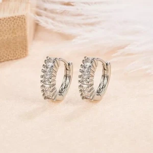925 Sterling Silver Classic Princess Cut Open Hoop Circle Huggie Earrings Gift - Picture 1 of 8