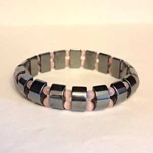 Pink Cat Eye Double Hematite Bracelet Natural Energy Stone Weight Loss Women Men - Picture 1 of 4