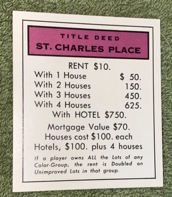 Vtg 1960’s Monopoly Game Replacement Piece -Property Card Purple St. Charles - Image 1 of 4