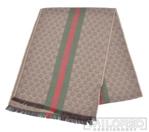 NWT - GUCCI Beige Red Green Wool Silk GG Sherry Line Wrap Scarf - 13" x 70" - Picture 1 of 6