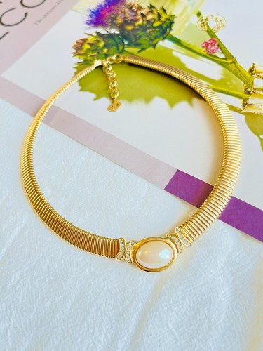 Collana Christian Dior vintage anni 80 Omega collare ovale perle cristalli oro