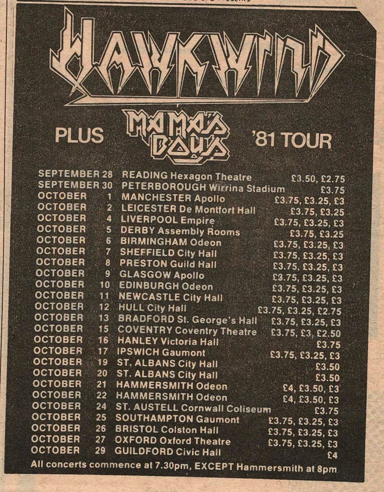 HAWKWIND rare original 1981 UK CONCERT TOUR Print Ad, MAMA'S BOYS, ADVERTISEMENT - Image 1 of 1