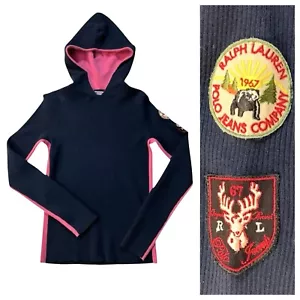 Vintage Polo Jeans Lauren Pullover Hoodie Ralph Lauren Navy Pink Medium Patches - Bild 1 von 9