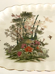 Vintage Japan Large Scalloped Gold Accents Platter, Peacock Floral Design - Picture 1 of 6