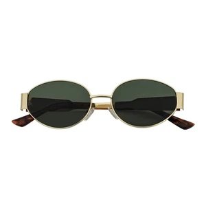 SELINE - Retro Small Metal Oval Round Sunglasses Gold Green Tint - Picture 1 of 8