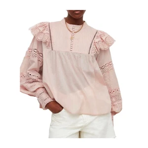 Blusa Top AllSaints Jen Grande Encaje Botón Manga Larga Algodón Volantes, Talla 8 - Imagen 1 de 8