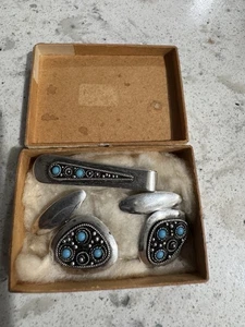 Vintage Jerusalem Israel Sterlingsilber und Türkis Manschettenknöpfe und Krawattenklammer - Bild 1 von 7