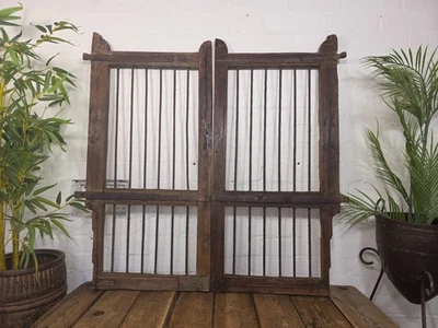 Old Pair Vintage Reclaimed Indian Wooden Iron Saloon Doors Shutters Garden Gates - Image 1 of 4