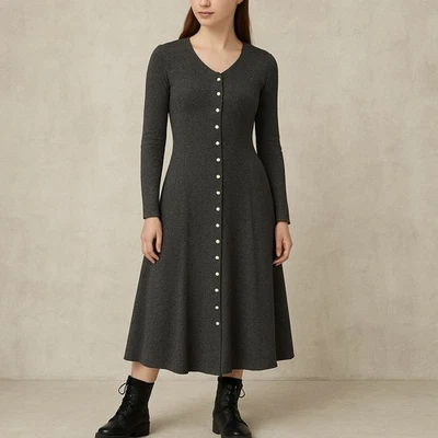 Vintage 90s Karen Alexander Dress M Gray Wool Blend Button Front Knit USA - Image 1 of 4