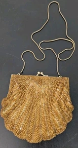 Vintage Clutch Muschelform Saatperlen goldfarben Handtasche - Bild 1 von 11