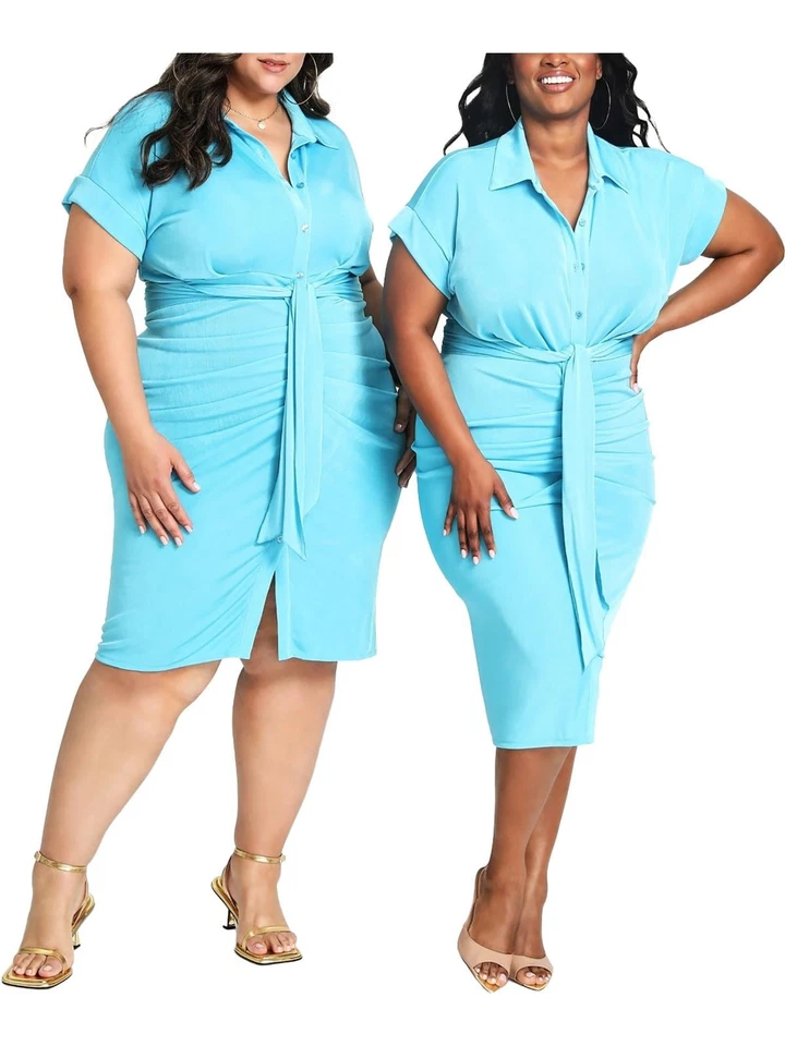 Nina Parker Women's Blue Tie-Front Ruched Shirt Dress Plus Size 3X