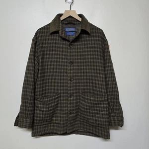 Vtg Pendleton Wool Jacket M Brown Houndstooth Plaid USA Made Chore Coat Flaws - Picture 1 of 10