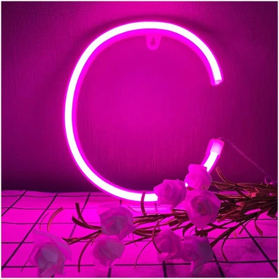 Lettera C Al Neon Con Luce a LED Rosa, Con Scritta "Alfabeto", Lampada Da Parete - Immagine 1 di 4