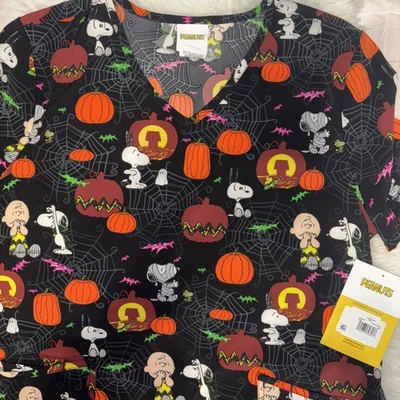 Peanuts Charlie Brown Snoopy Sz LG Women's V-Neck Scrub Top Pumpkins NWT - Image 1 of 4