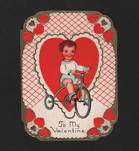 San Valentín troquelado para niño en triciclo OPC vintage en relieve 4 - Imagen 1 de 3