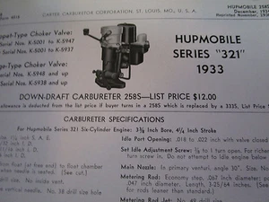 ORIGINAL 1933 HUPMOBILE Series 312 Carter Carbureter Spec & Info Sheet - Picture 1 of 1