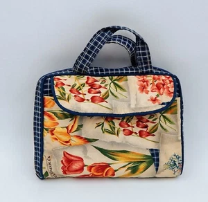 Garden Decorated Bible Cover Carrier Fabric Zippered Blue Checked Floral Handled - Picture 1 of 13
