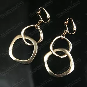 CLIP ON chunky interlocking hoops GOLD FASHION HOOP DROP EARRINGS square hoop - Picture 1 of 4