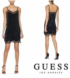 GUESS Liu Black Slip Dress M Velvet Sequins Lace Trimmed Party Date Night EUC - Picture 1 of 10