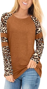 Women'S Long/Short Sleeve Leopard Print Color Block Tunic Tops Casual Raglan Shi - Picture 1 of 12