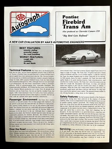 Pontiac Firebird 1982 AAA AUTÓGRAFO REVISIÓN DE AUTO Una hoja Especificaciones Prueba - Imagen 1 de 2