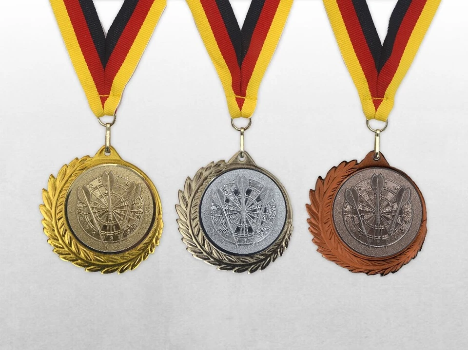 VEREINSSTORE 3er GROSSE DART Medaillen MONACO 70mm / mit Band & Emblem Medaillen Set