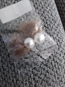 Beautiful Feather Statement Earrings With Faux Pearl - Picture 1 of 2