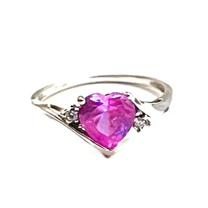 Rosa Saphir Herz & Diamant massiv 10K Weißgold Damen Ring Größe 6 signiert - Bild 1 von 3