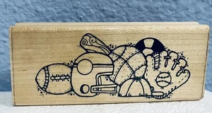 Sports Equipment Wood Mounted Rubber Stamp Football Baseball Helmet Glove NEW - Picture 1 of 2