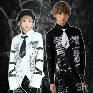 Visual emo Punk Preppy cyber idol cross charm studded dress shirt w/ tie JJ2427 - Picture 1 of 12